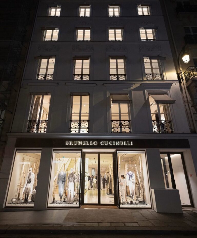 Brunello Cucinelli flagship facade and illuminated windows on Rue Saint-Honoré