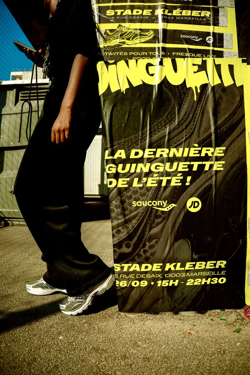 JD Sports and Saucony Marseille Guinguette event poster at Stade Kléber