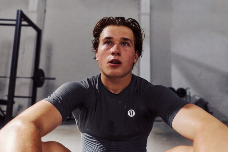 Hockey player Macklin Celebrini in lululemon training apparel