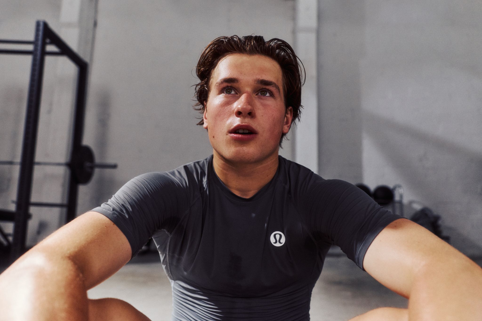 Hockey player Macklin Celebrini in lululemon training apparel