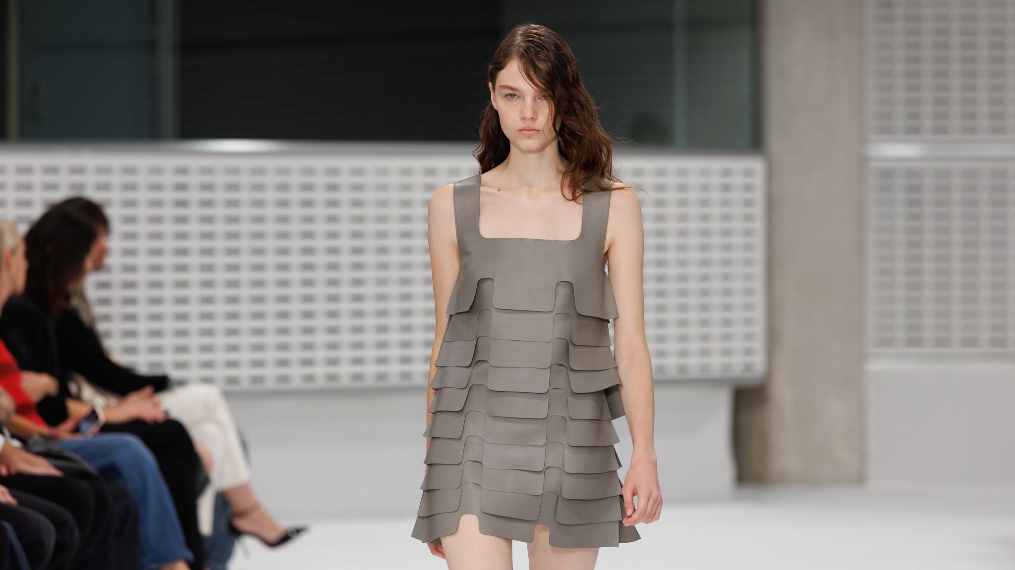 Mulberry by Christopher Kane grey layered dress on the London runway