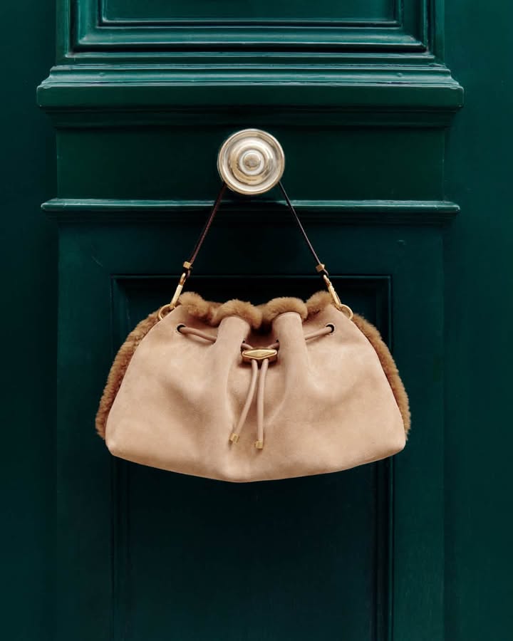 Jimmy Choo shearling-trim handbag photographed against a green door