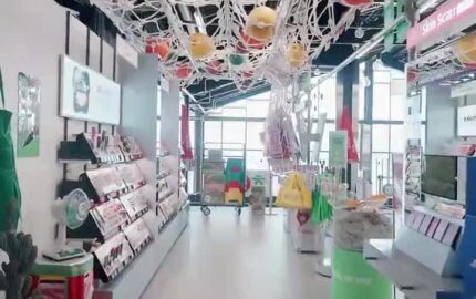 Nautical ropes and beauty displays inside OLIVE YOUNG’s Millac the Market store in Busan
