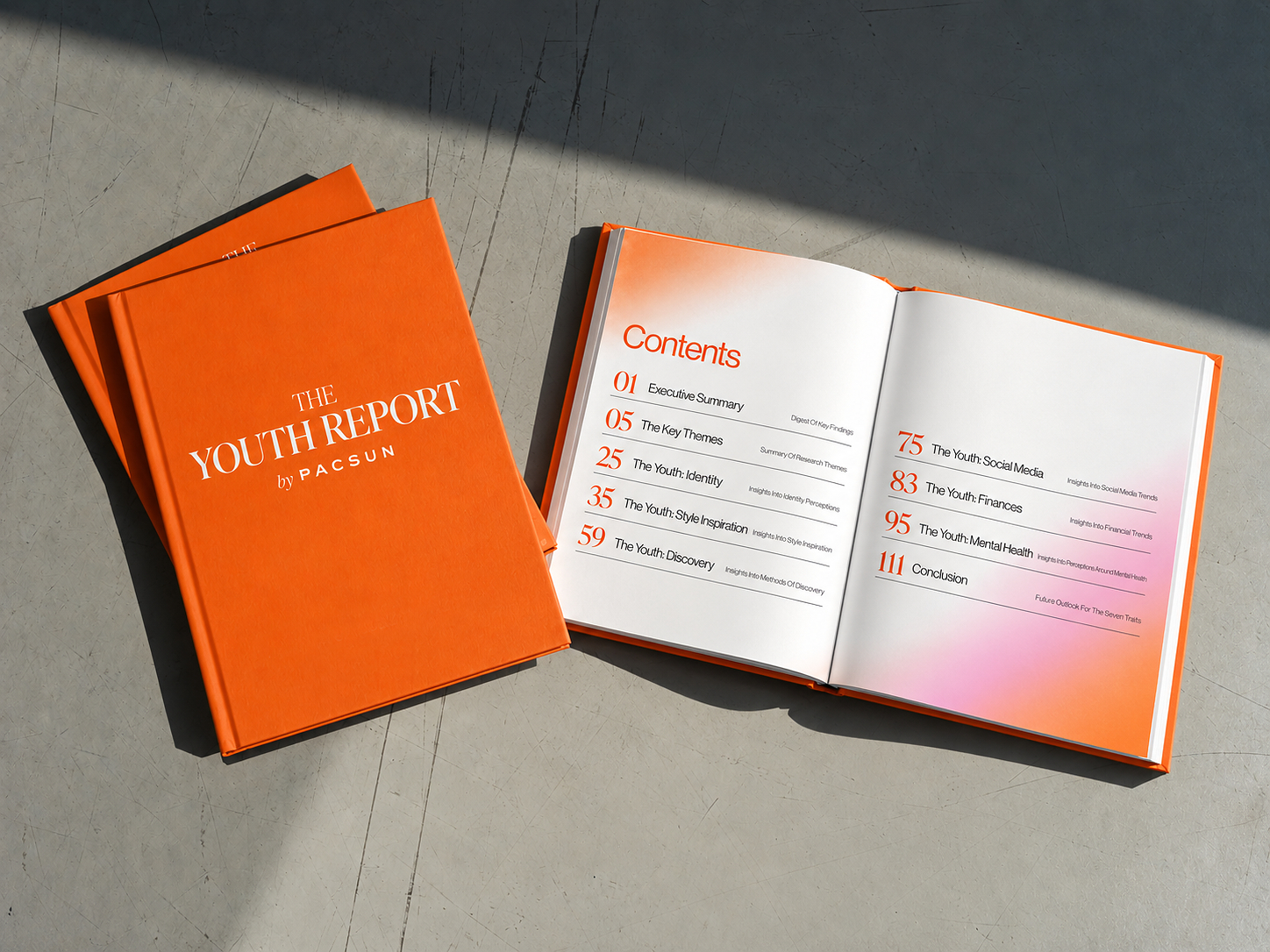 Printed copies of Pacsun’s Youth Report on a table.