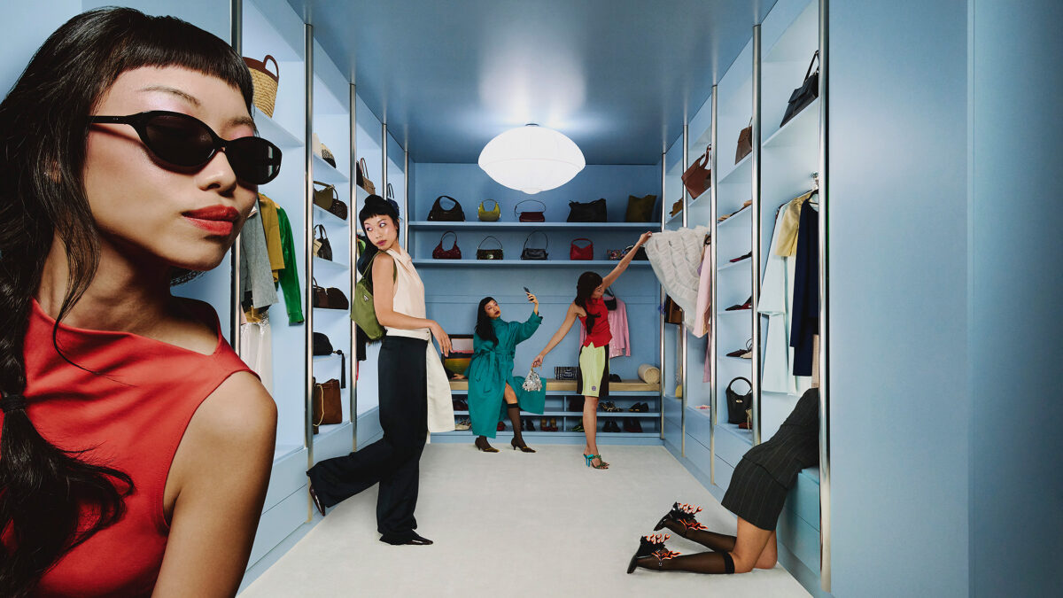 Poshmark fashion campaign set inside a blue wardrobe.