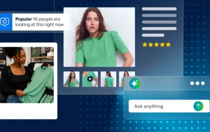 Digital product page showing a fashion item five-star ratings and an AI shopping assistant