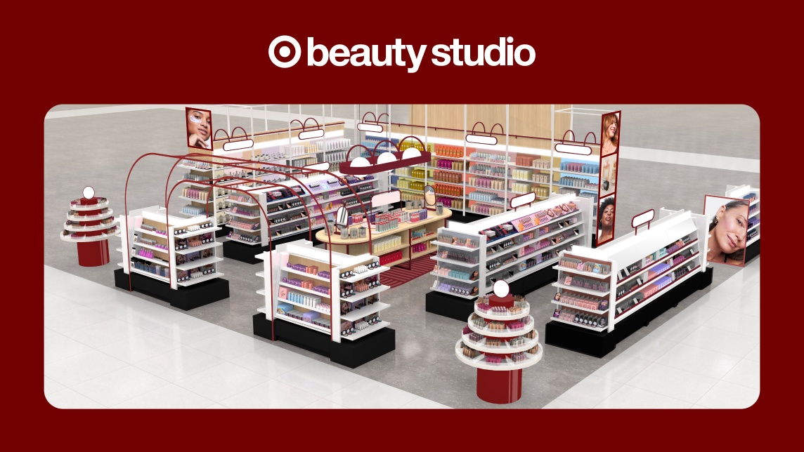 Overhead rendering showing the layout and product displays of Target Beauty Studio