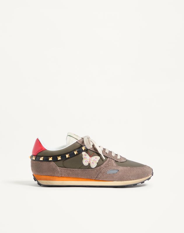 Valentino Garavani Stud Up sneaker in olive green with butterfly embroidery