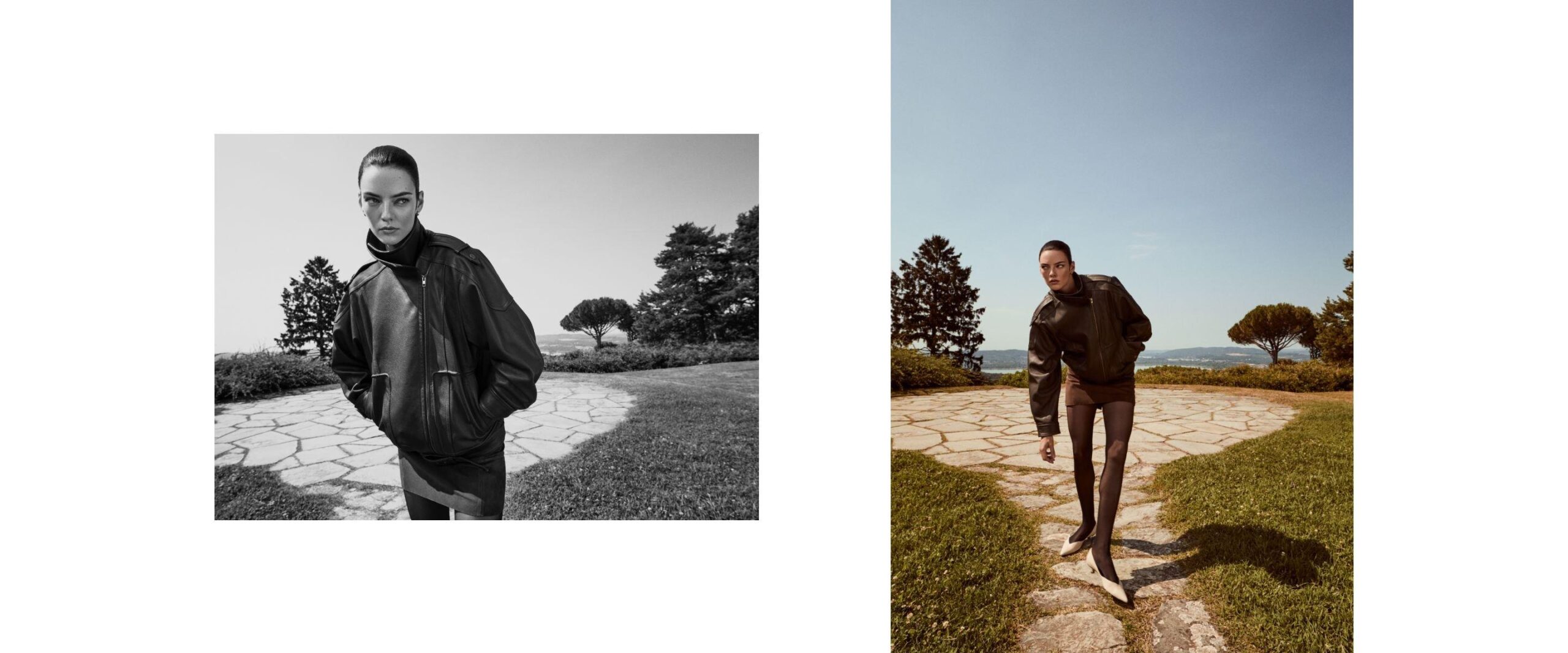 Two campaign photographs of a model wearing Vince leather clothing in Italy.
