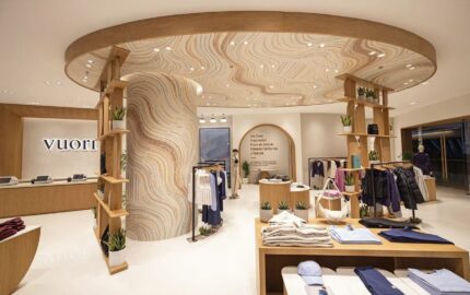 Interior of Vuori's Beijing Indigo store with mosaic ceiling and central display