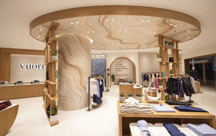 Interior of Vuori's Beijing Indigo store with mosaic ceiling and central display
