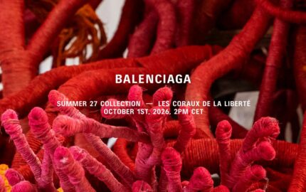 Balenciaga Summer 2027 show announcement with red coral motif and October 1 date