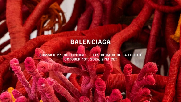 Balenciaga Summer 2027 show announcement with red coral motif and October 1 date