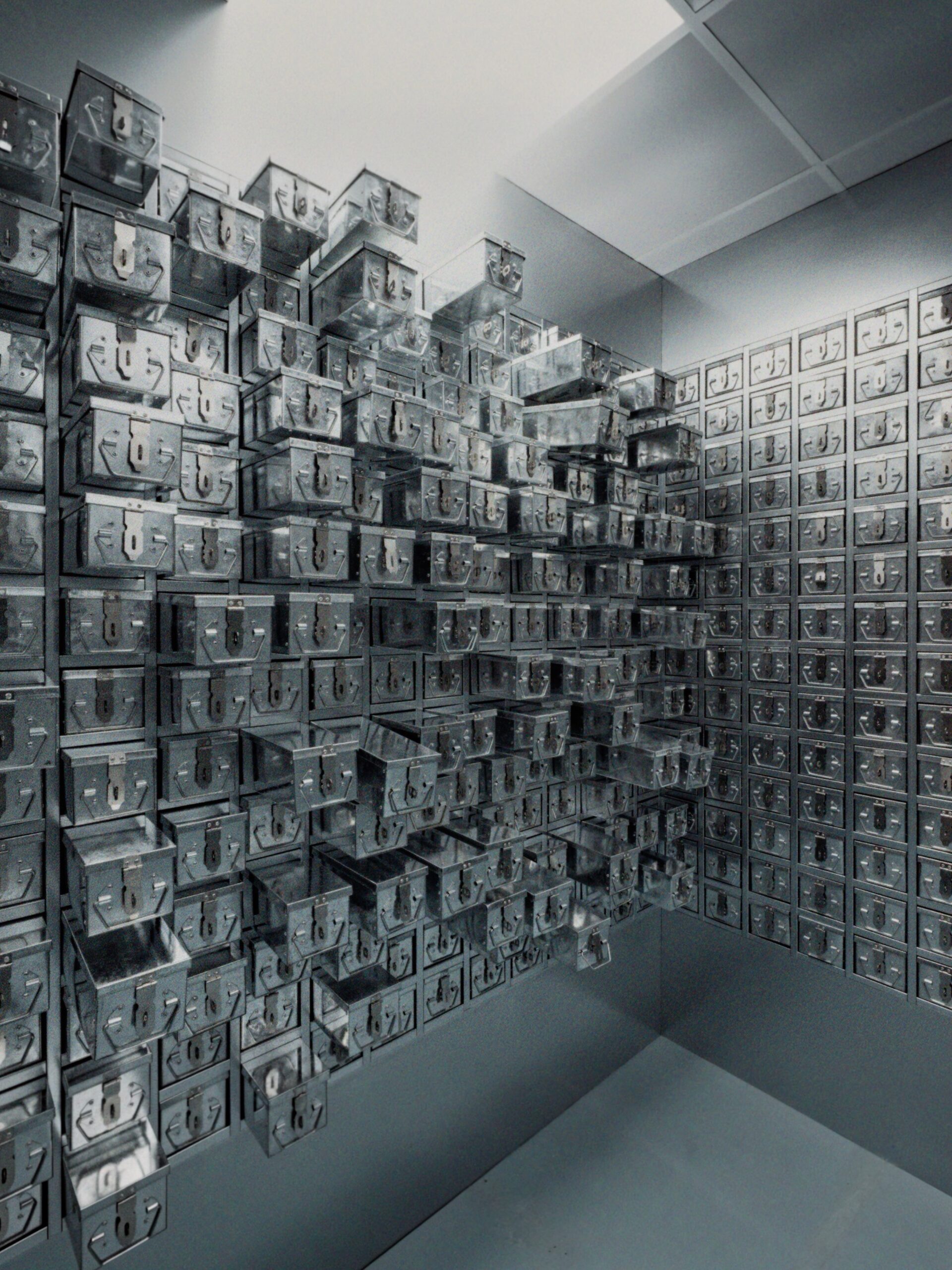 Interior of the 12_things Hackney Road perfume store lined with reclaimed metal vault drawers