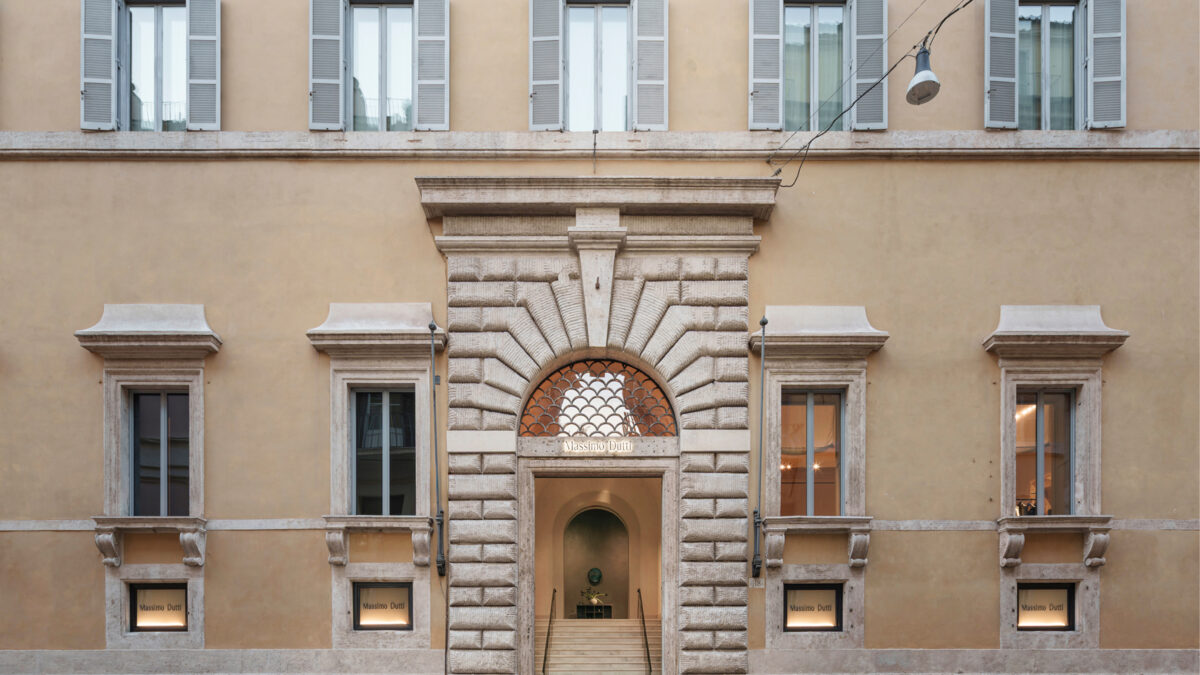 Front facade and entrance of the Massimo Dutti Rome flagship at Palazzo Ruspoli