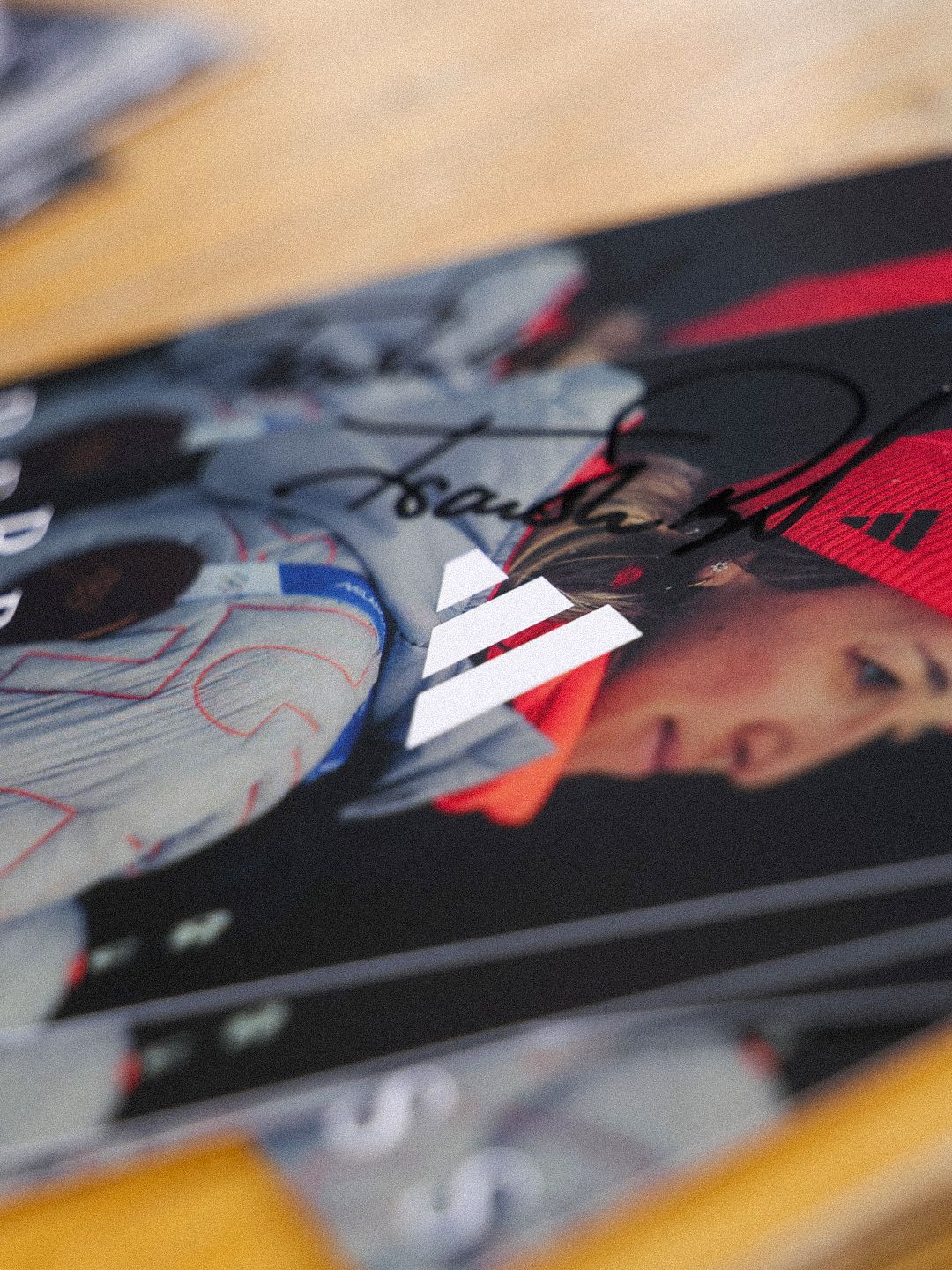Close-up of signed biathlon memorabilia