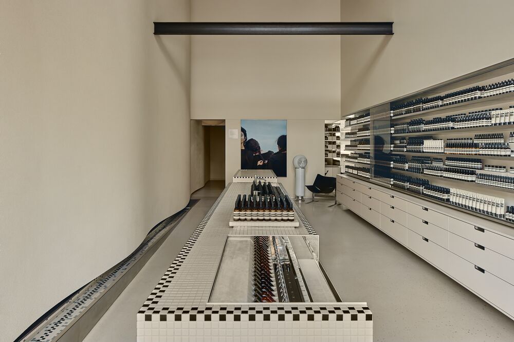Aesop High Street Armadale interior with tiled consultation counter and product wall