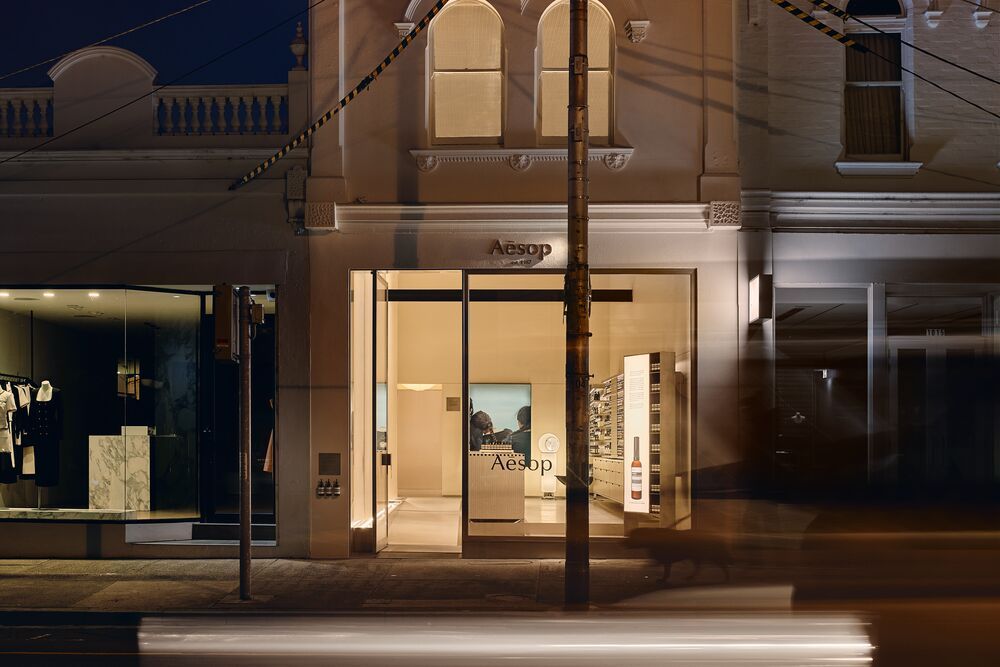 Illuminated exterior of the new Aesop High Street Armadale store