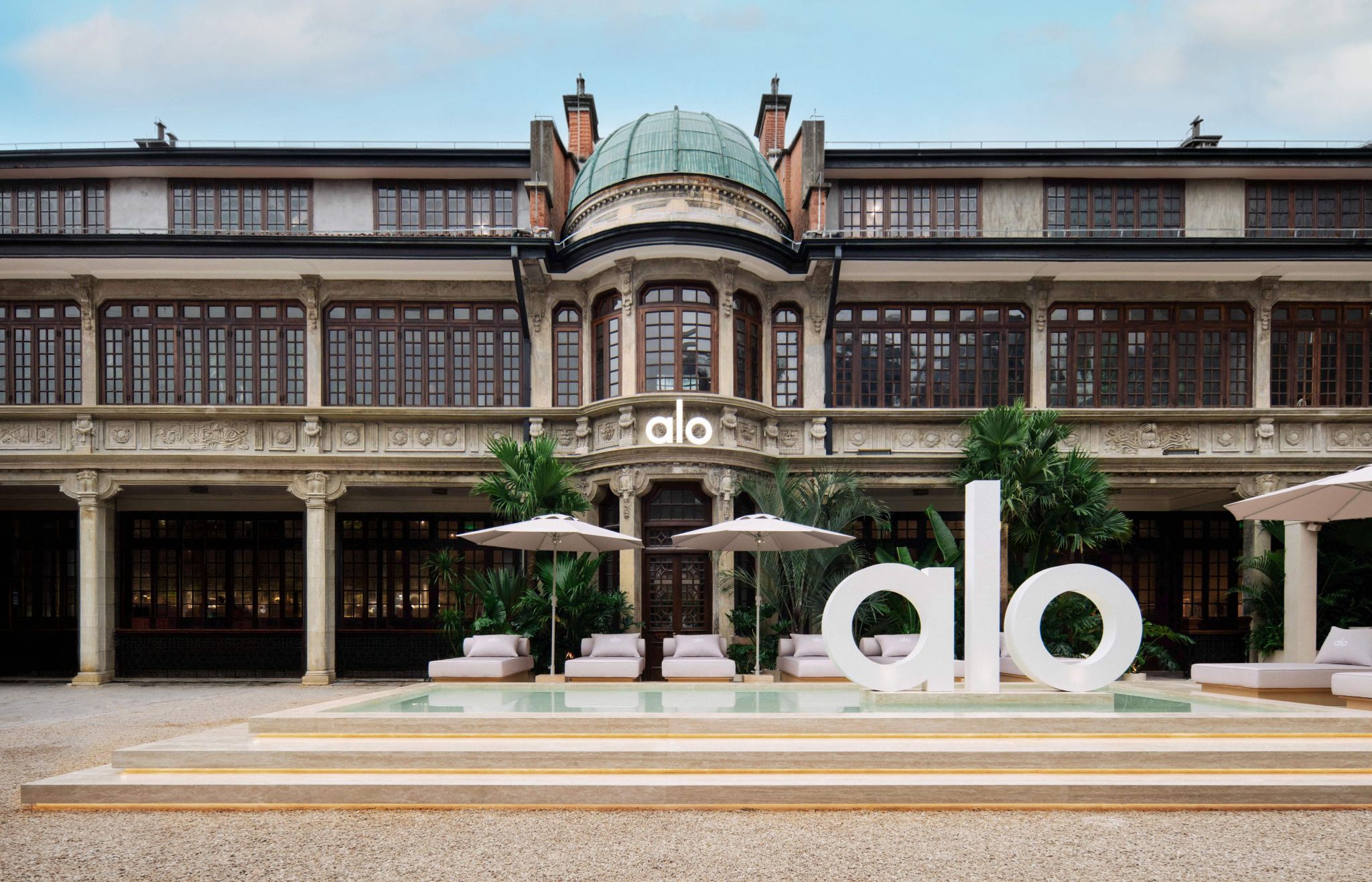 Exterior of Alo’s Zhangyuan pop-up in Shanghai with large Alo lettering