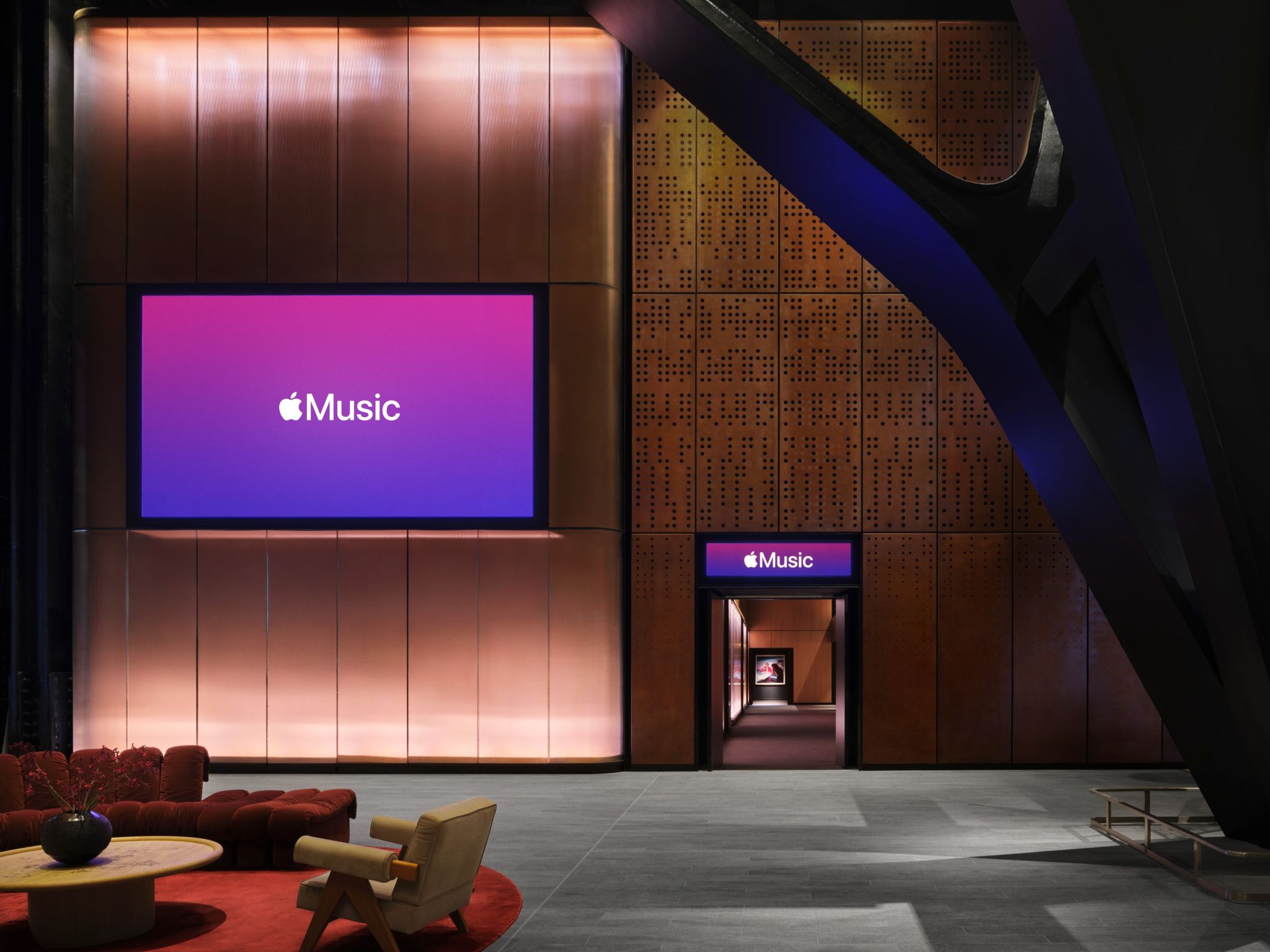 Apple Music signage and the entrance to the venue inside Battersea Power Station