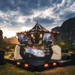 Arc’teryx Climbing Academy stage and screens against Yangshuo’s limestone hills