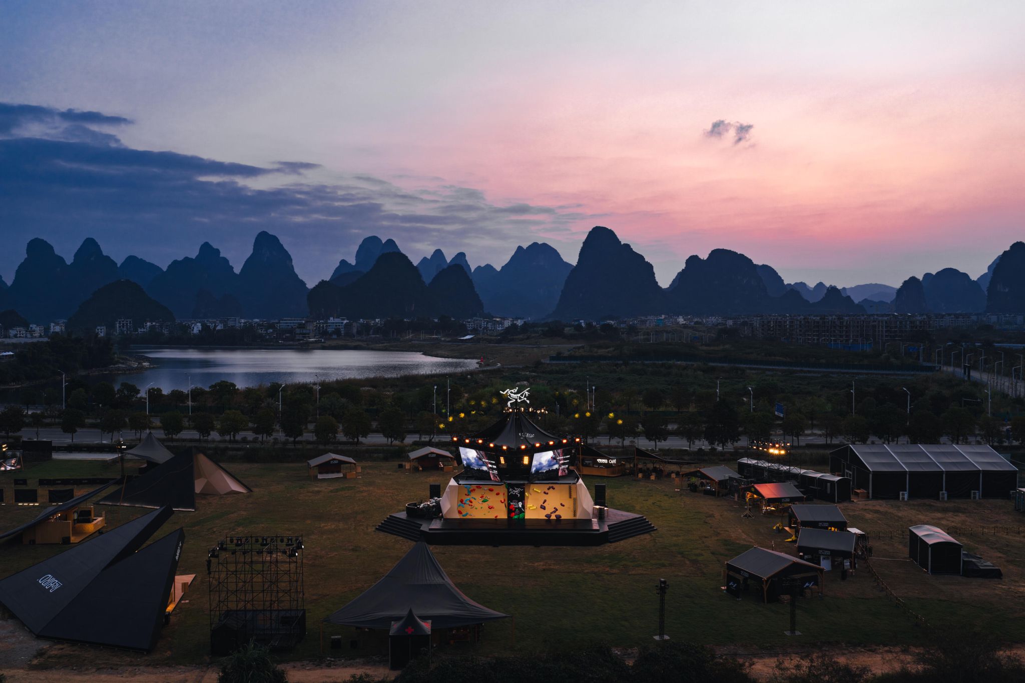 Aerial view of the Arc’teryx Academy site at dusk