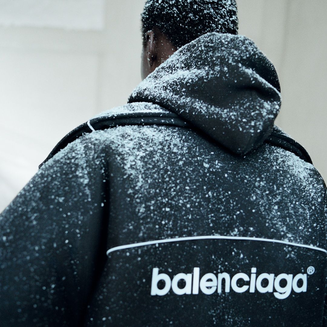 Back of a hooded Balenciaga ski jacket