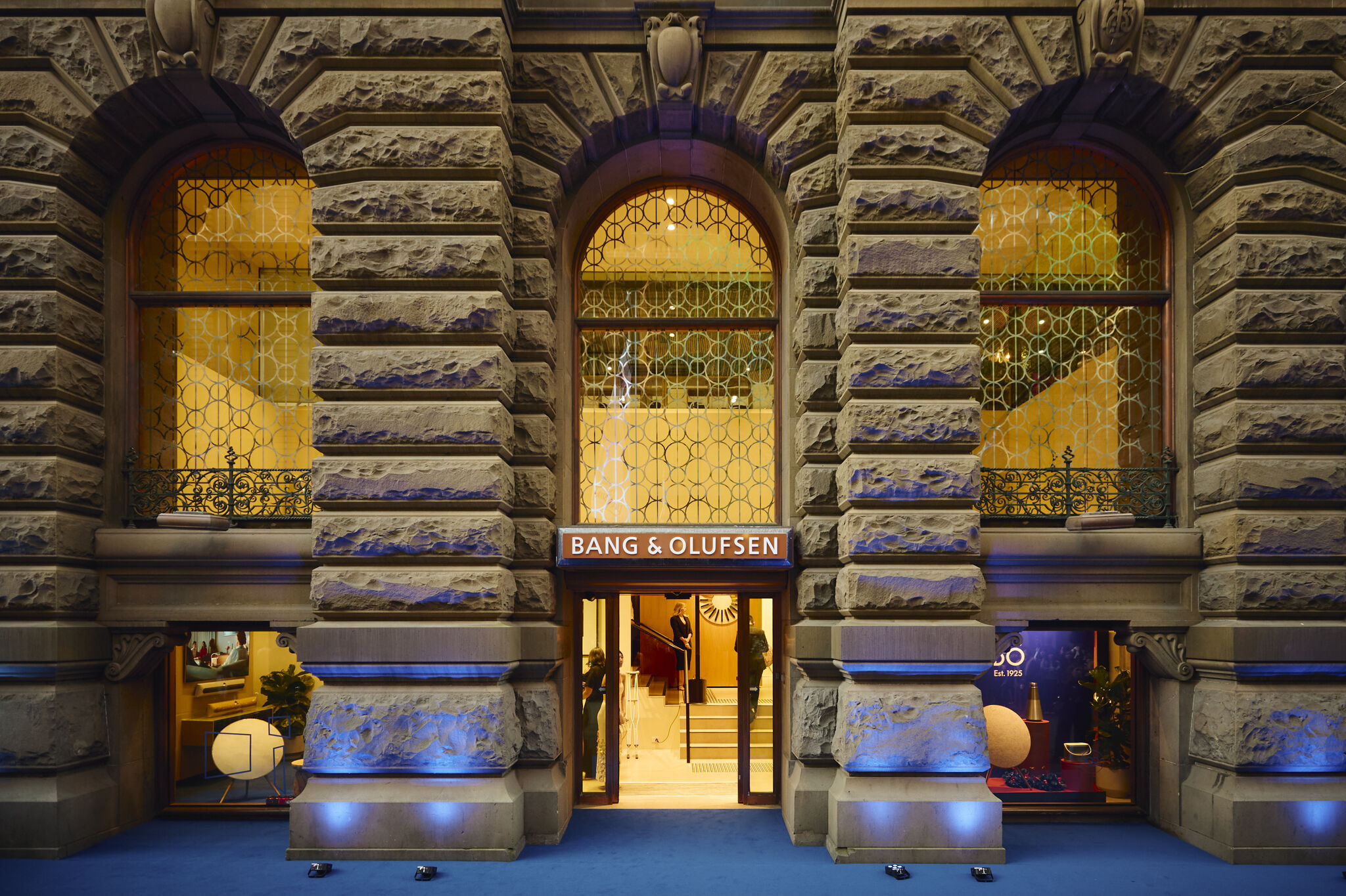 Stone facade and arched windows of Bang & Olufsen at Martin Place in Sydney