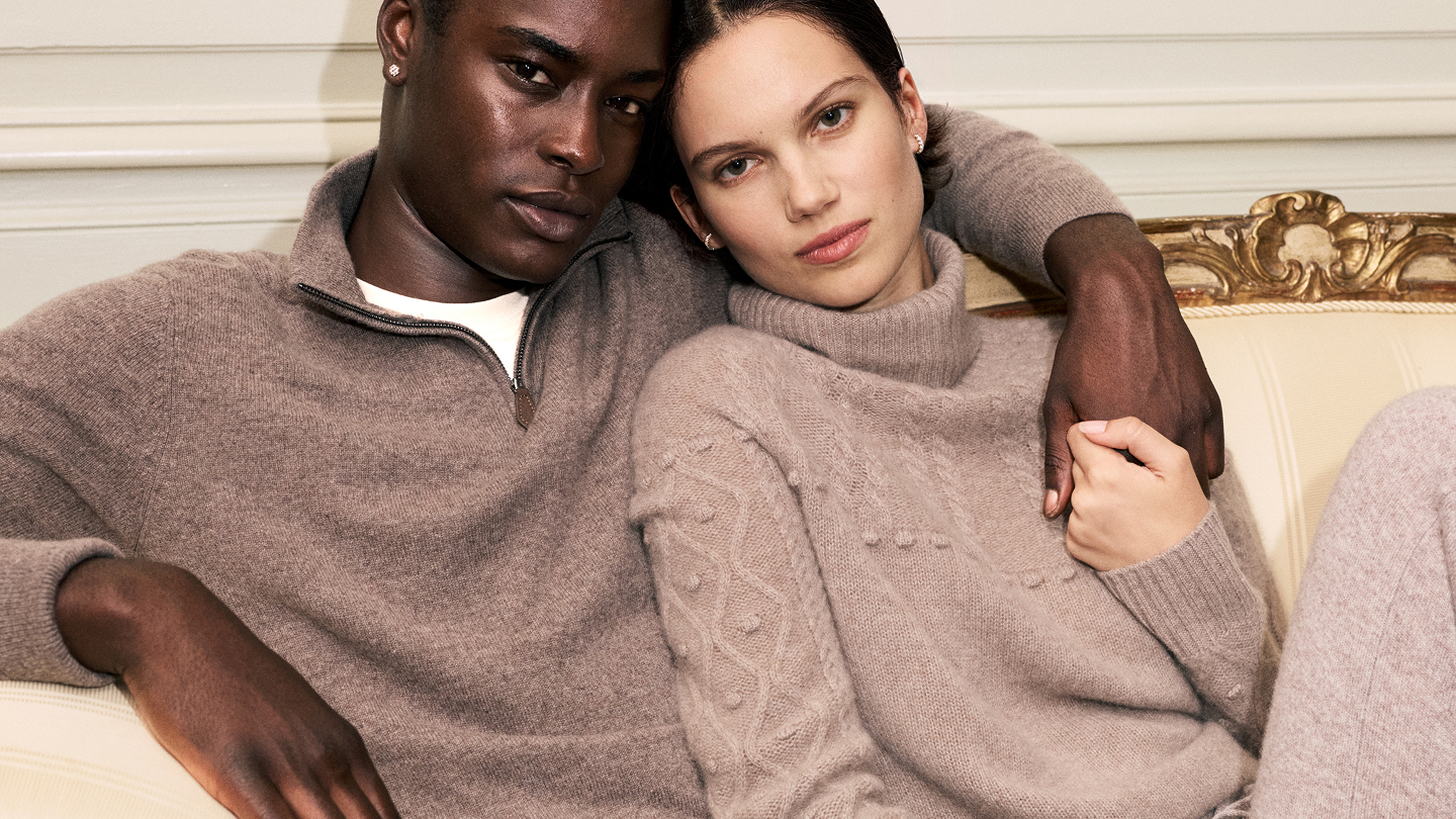 Models wearing knitwear in Bloomingdale’s holiday campaign