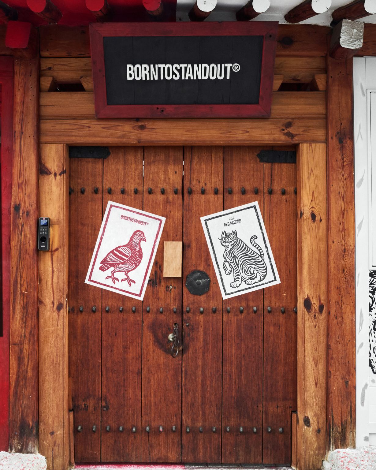 Wooden entrance doors at BORNTOSTANDOUT Bukchon