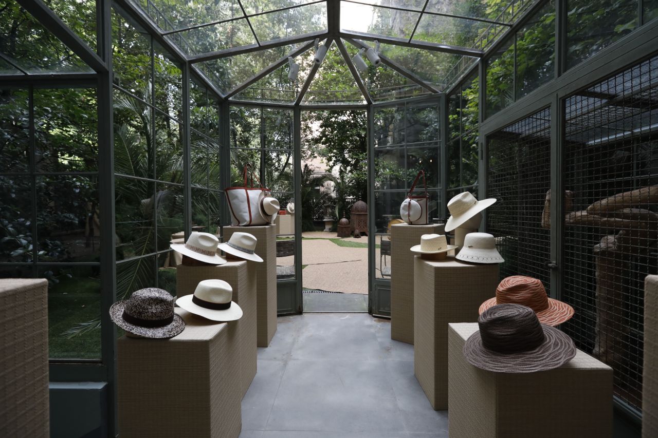Borsalino Spring/Summer 2027 hats displayed in a glass-roofed presentation space