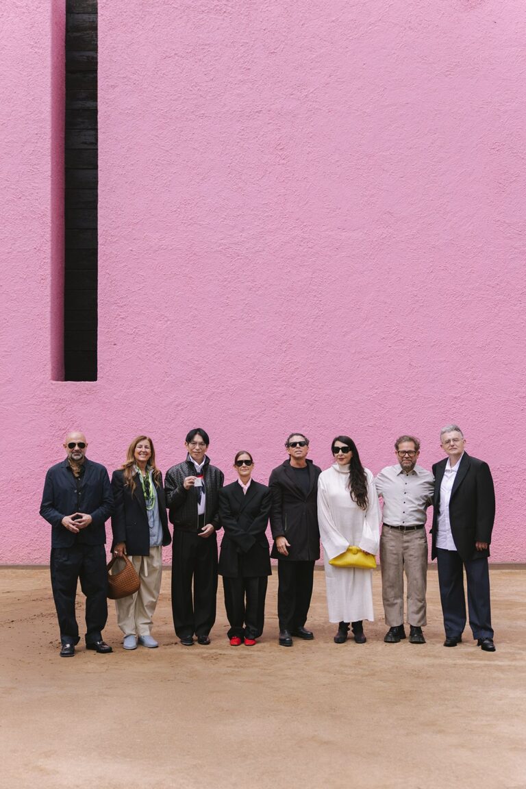 Guests gathered against a pink architectural wall for the Barragán Prize celebration