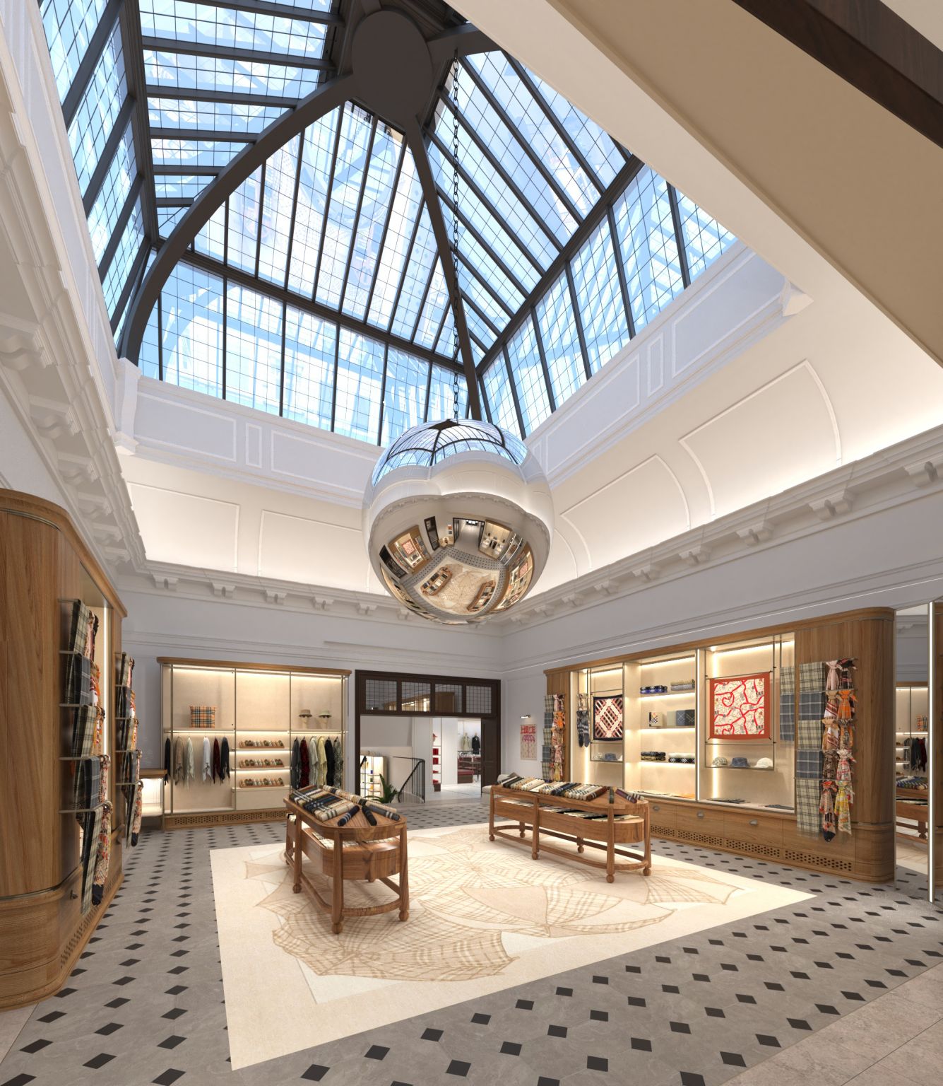 Proposed Burberry House interior beneath a glazed roof
