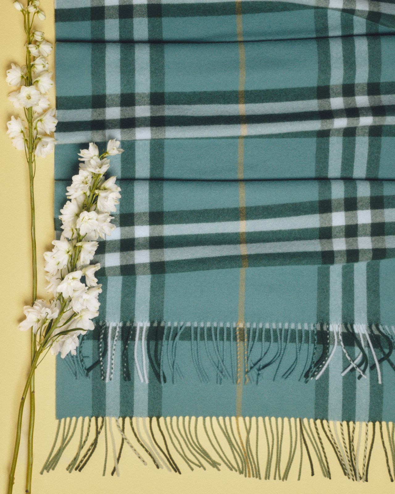 Bay-green Burberry Check scarf with fringed ends