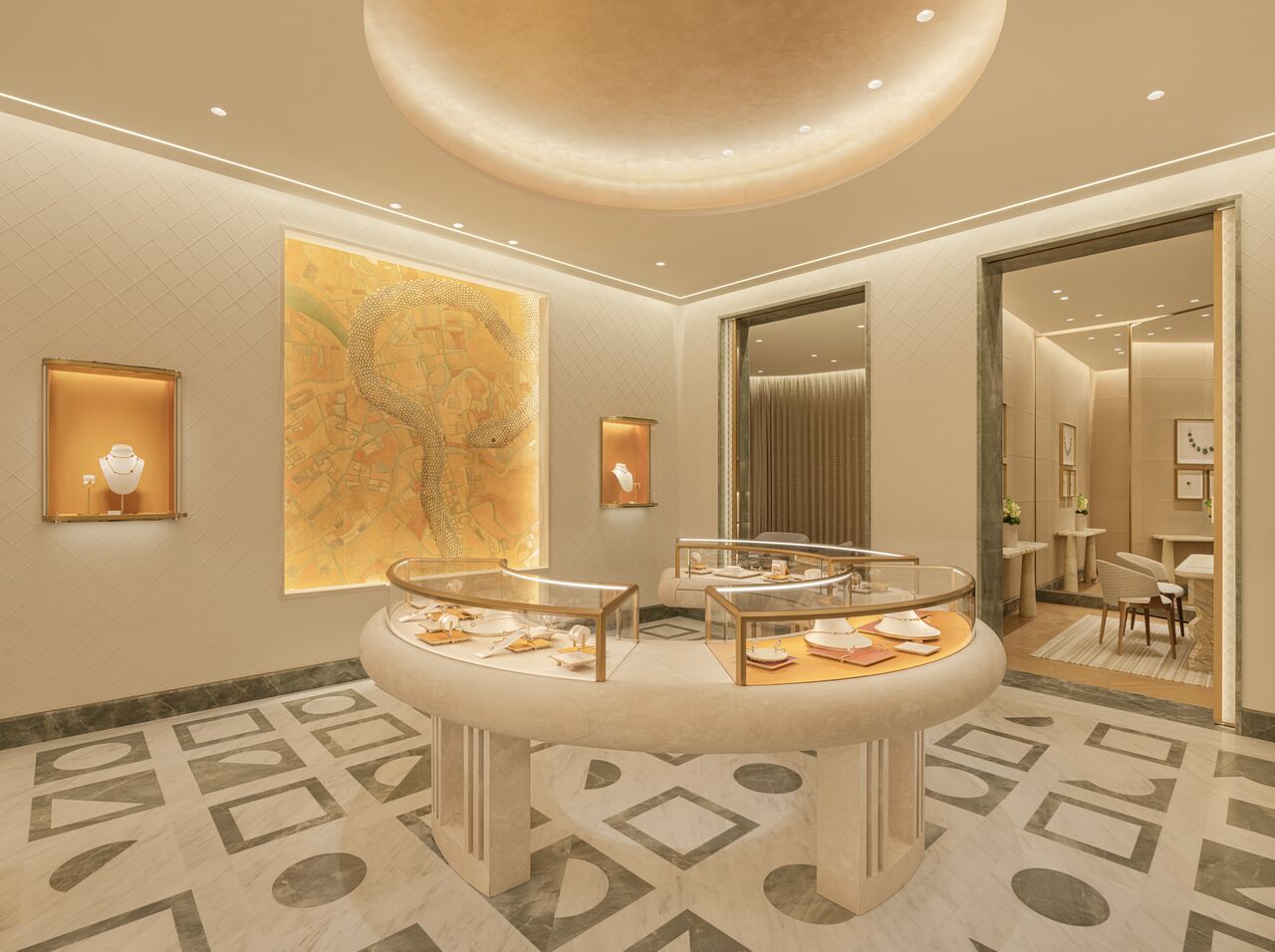 Curved jewelry counters inside Bvlgari Haikou