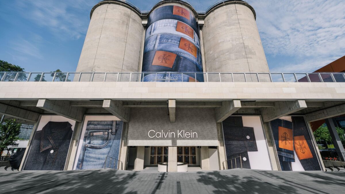 Exterior of Calvin Klein’s House of Denim pop-up at the Silos in Shanghai, with oversized denim graphics