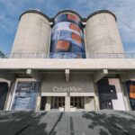Exterior of Calvin Klein’s House of Denim pop-up at the Silos in Shanghai, with oversized denim graphics