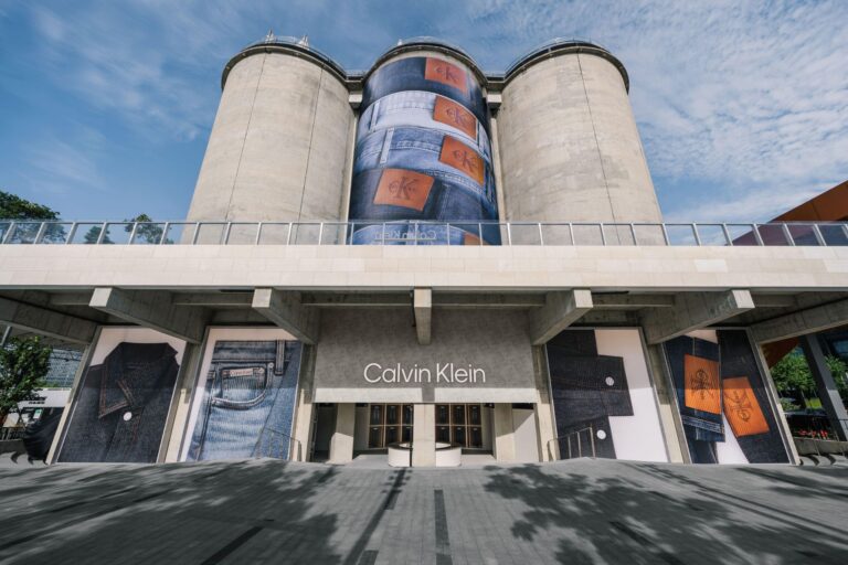 Exterior of Calvin Klein’s House of Denim pop-up at the Silos in Shanghai, with oversized denim graphics