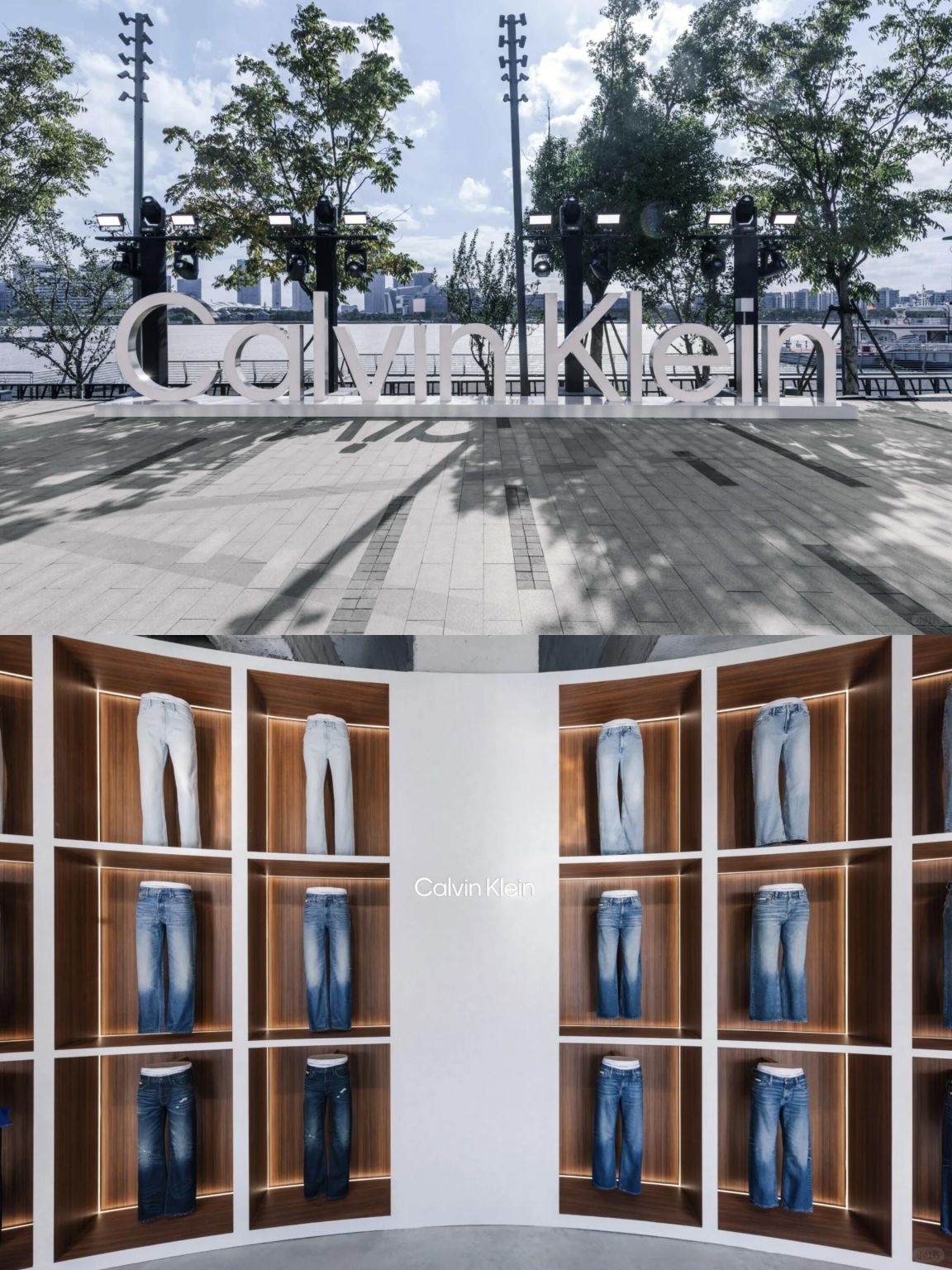 Calvin Klein outdoor sign and denim-fit display at House of Denim