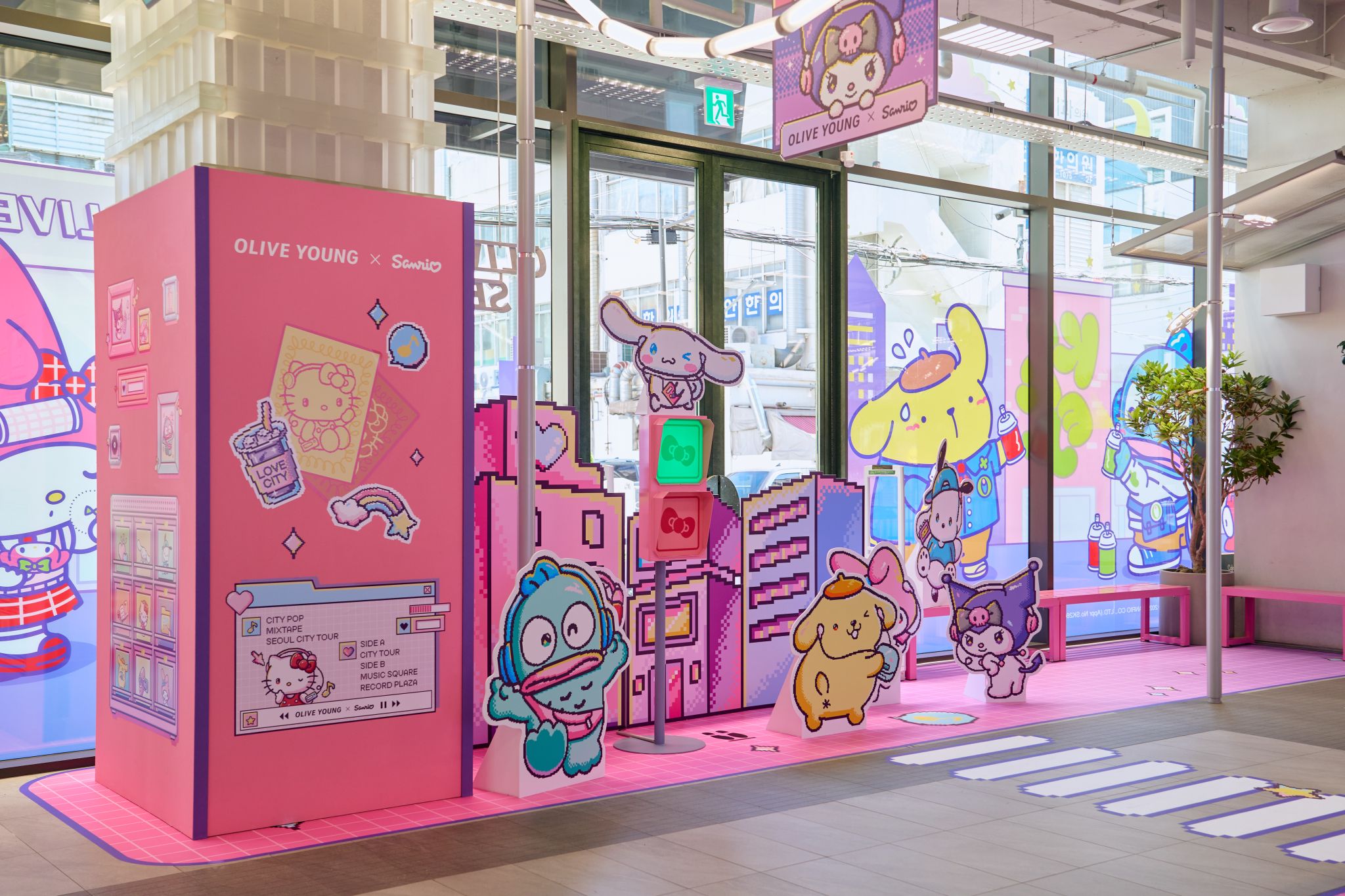 Sanrio character displays beside the entrance to Olive Young's City Log activation