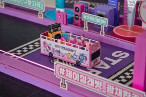 Miniature City Tour Bus interactive feature at the Olive Young Sanrio pop-up