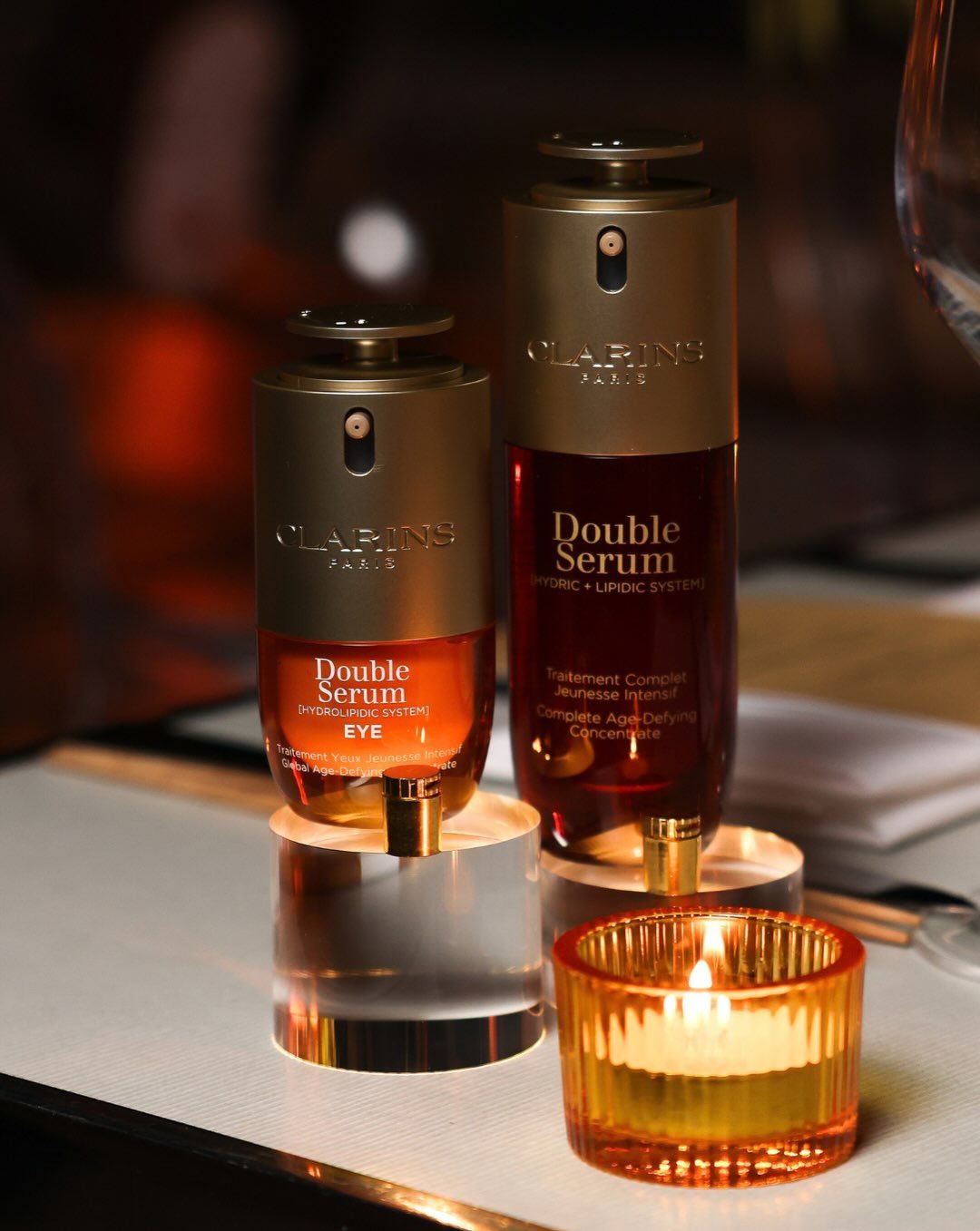 Double Serum Eye and Double Serum on display at the Clarins dinner