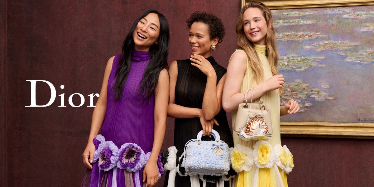 Dior Cruise 2027 campaign cast posing with handbags in a museum gallery