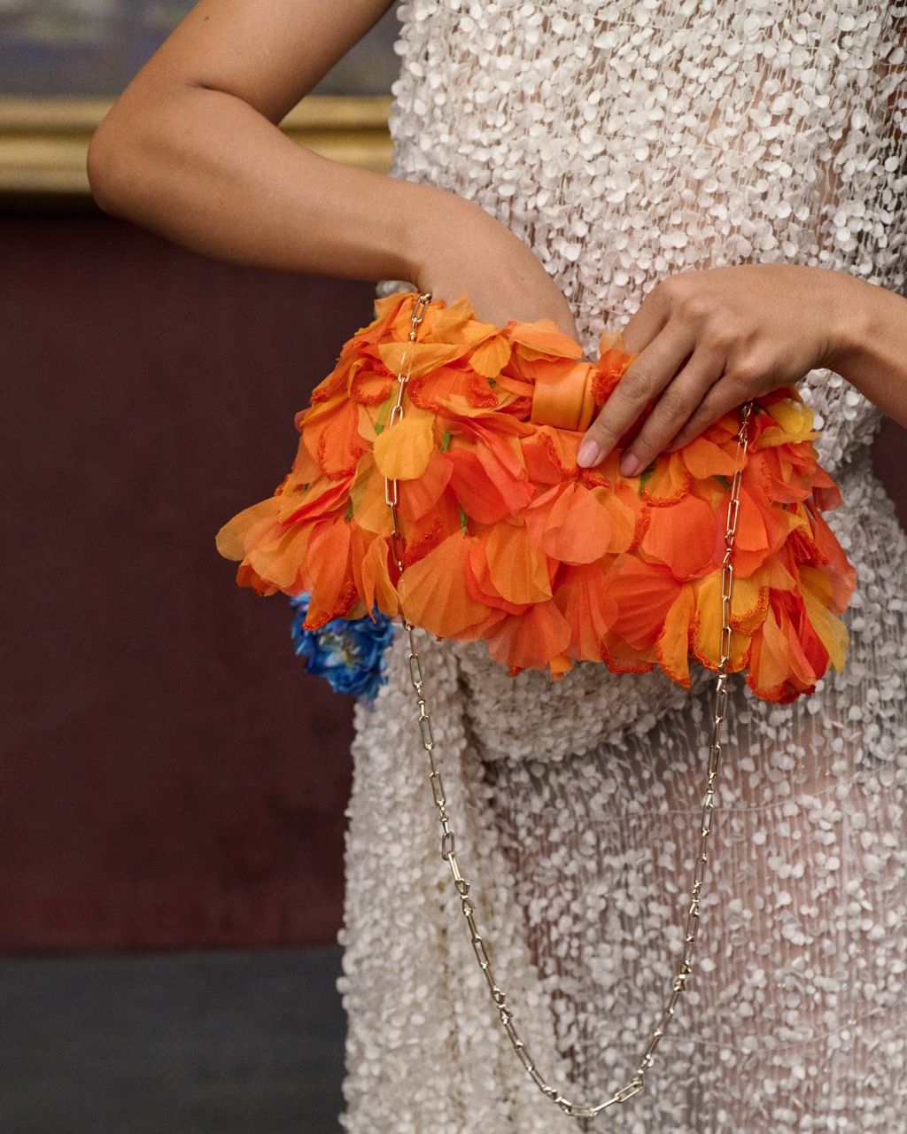 Dior campaign detail showing an embellished bag and silver dress