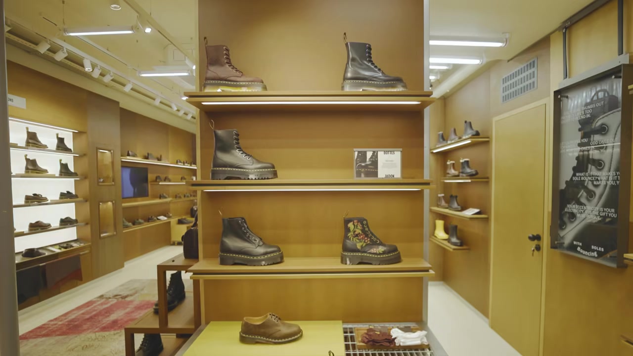 Boots on central shelving in the Dr. Martens Le Marais Brand Centre