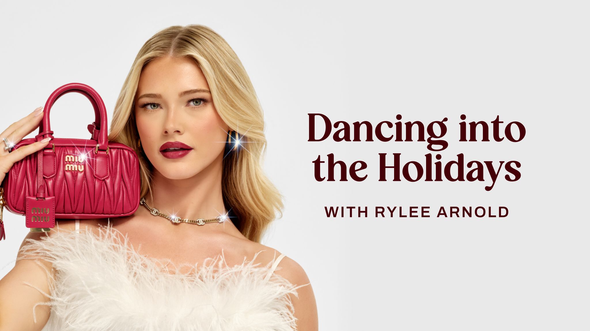 Rylee Arnold holding a pink bag in the FASHIONPHILE holiday campaign announcement