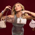 Rylee Arnold with several handbags in a FASHIONPHILE campaign composition