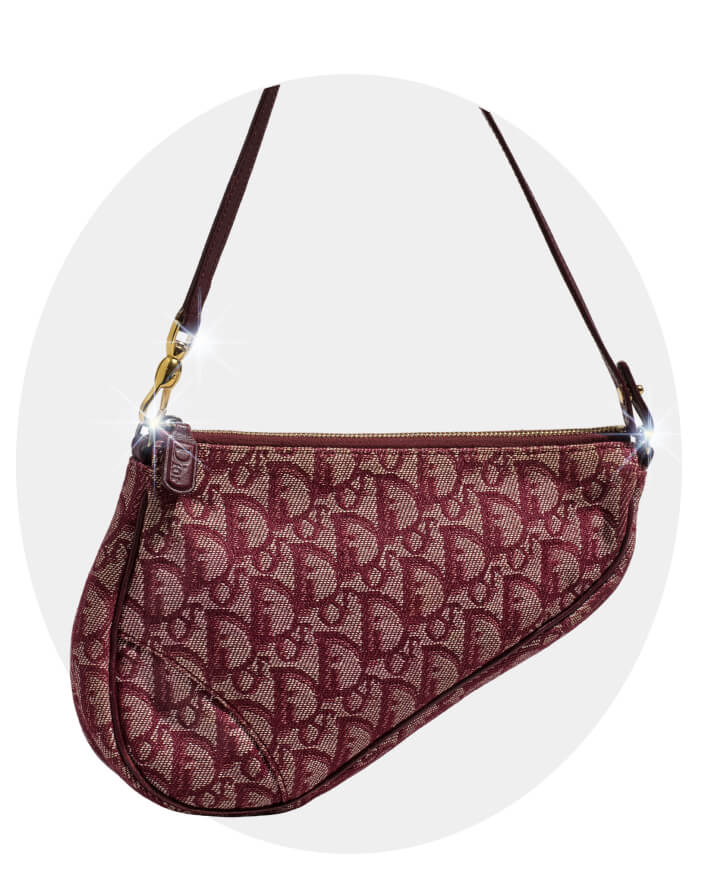 Burgundy patterned saddle bag in FASHIONPHILE’s holiday edit