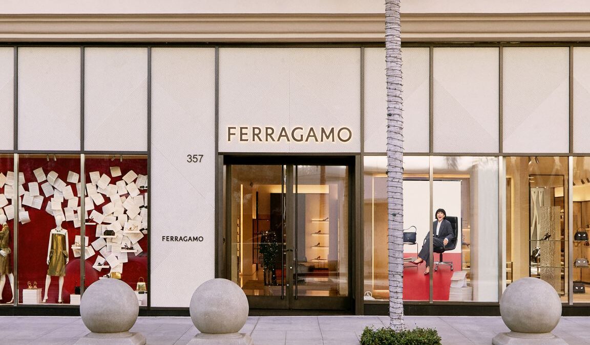 Ferragamo boutique exterior on Rodeo Drive with Holiday 2026 window presentation