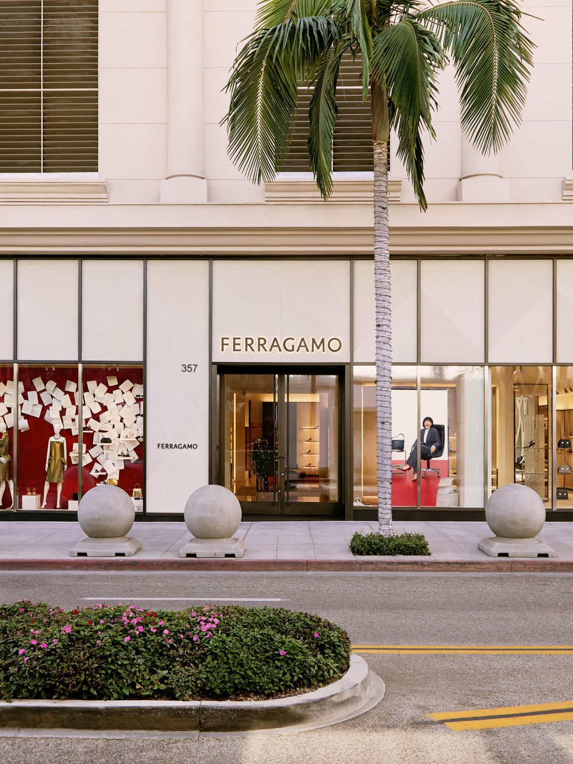 Ferragamo boutique exterior on Rodeo Drive with Holiday 2026 window presentation